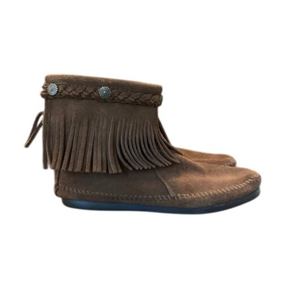 Minnetonka Womens Brown Suede Fringe Back Zip‎ Moccasin Ankle Boots Concho Trim